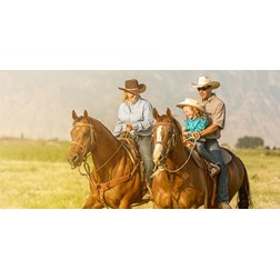 A family of 3 farmers riding 2 horses. 